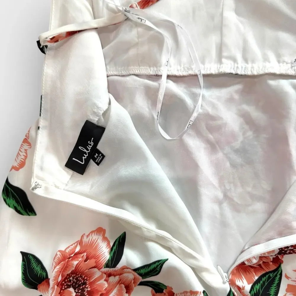 Lulus Floral Midi Dress Medium White Plunge Neck Crisscross Back Romantic Summer
